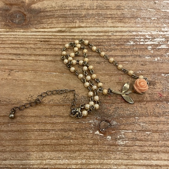 Vintage Silver Tone Pink Rose Beaded Faux Pearl Choker Collar Statement Necklace - Picture 3 of 3